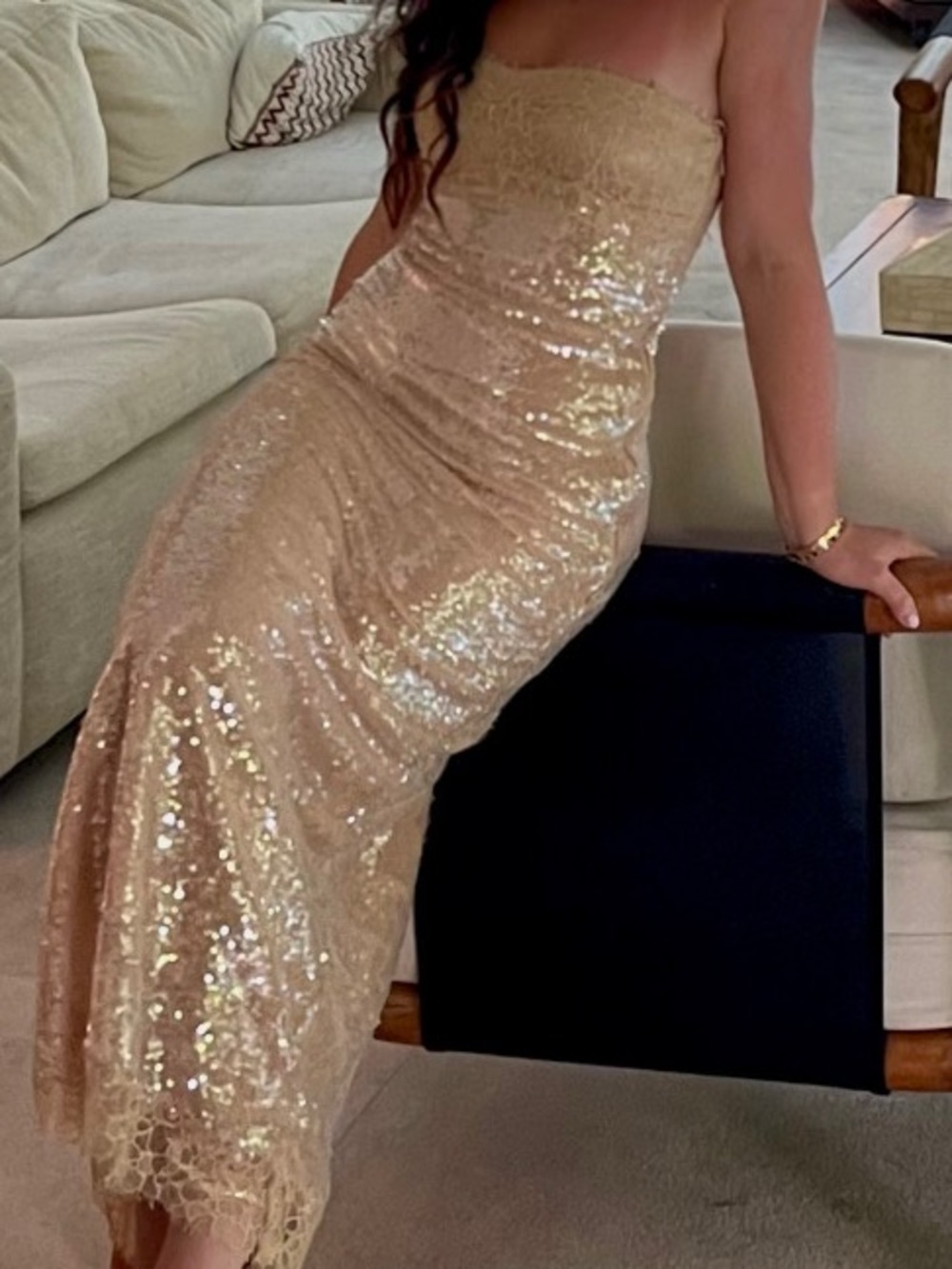 Jonathan Simkhai Champagne Sequin Strapless Maxi Dress